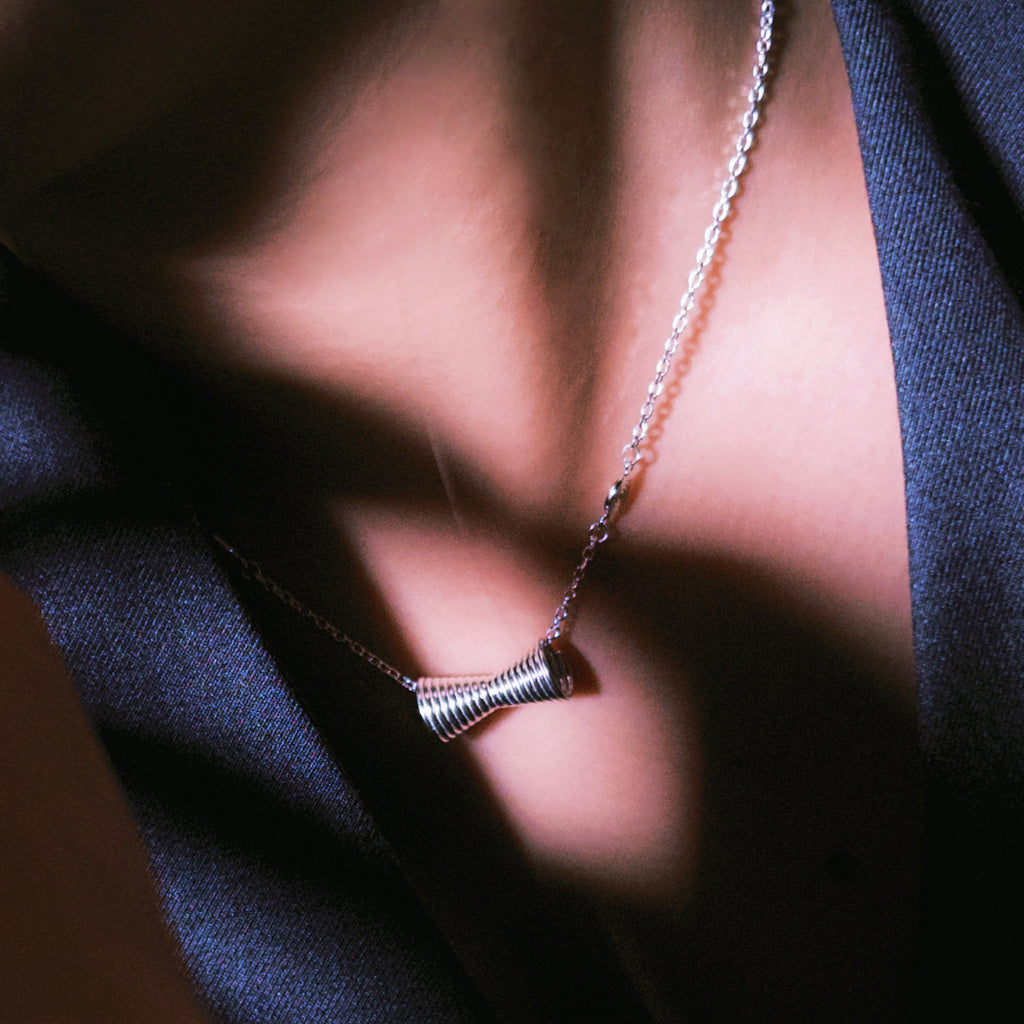 Mistveil Ornate-Drum Silver Rhythmic Necklace