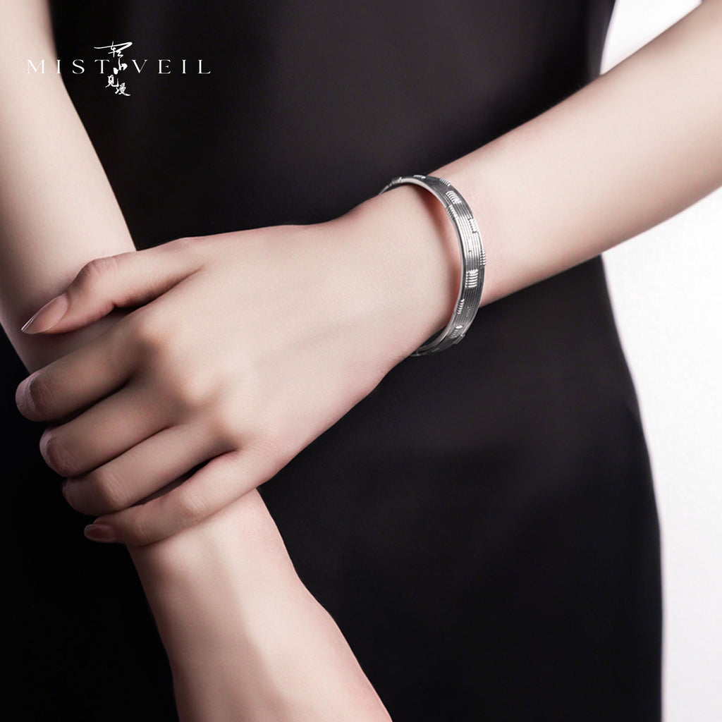 Mistveil Mountain‑Deity Silver Protective Bangle