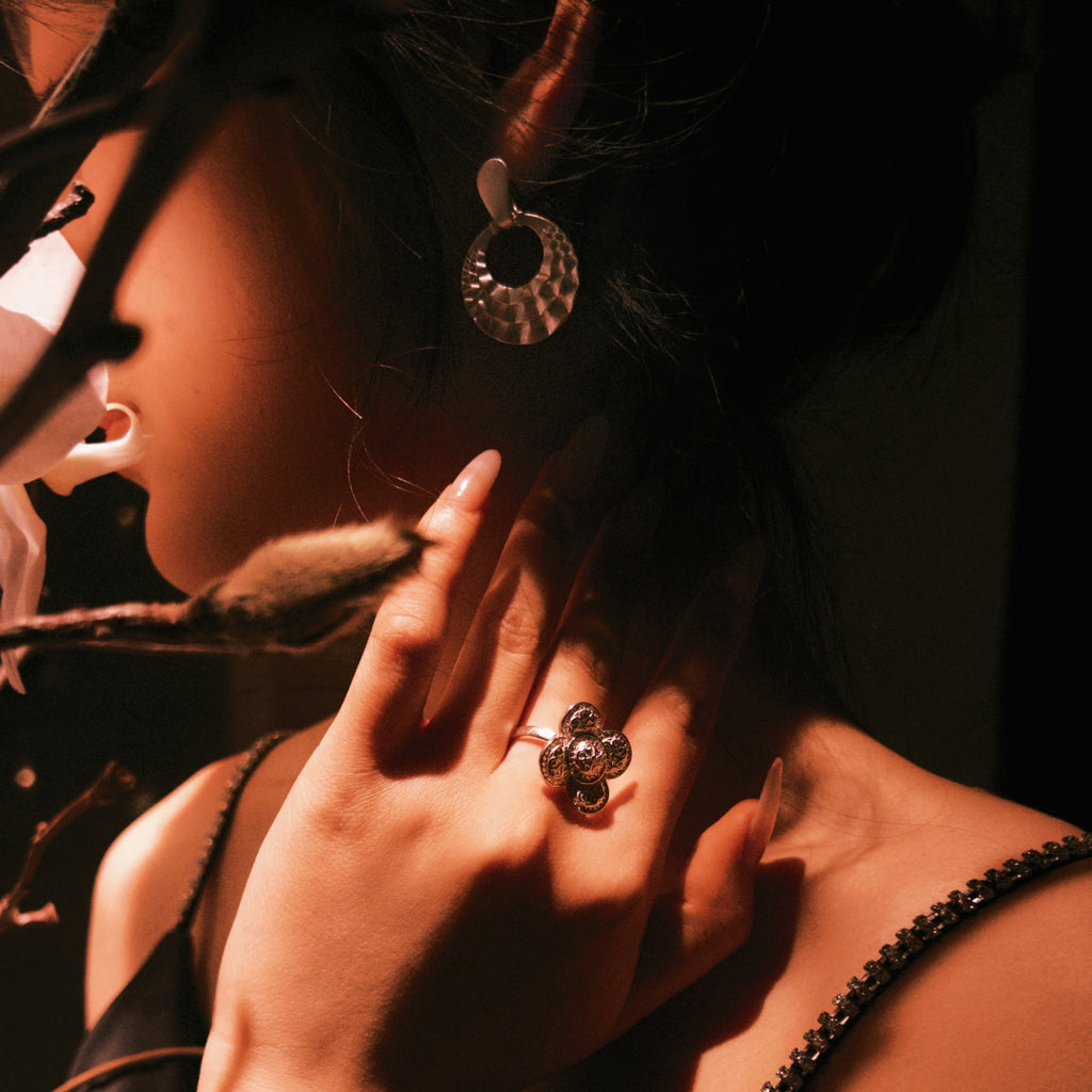 Mistveil Layered-Collar Heritage Silver Protective Earrings