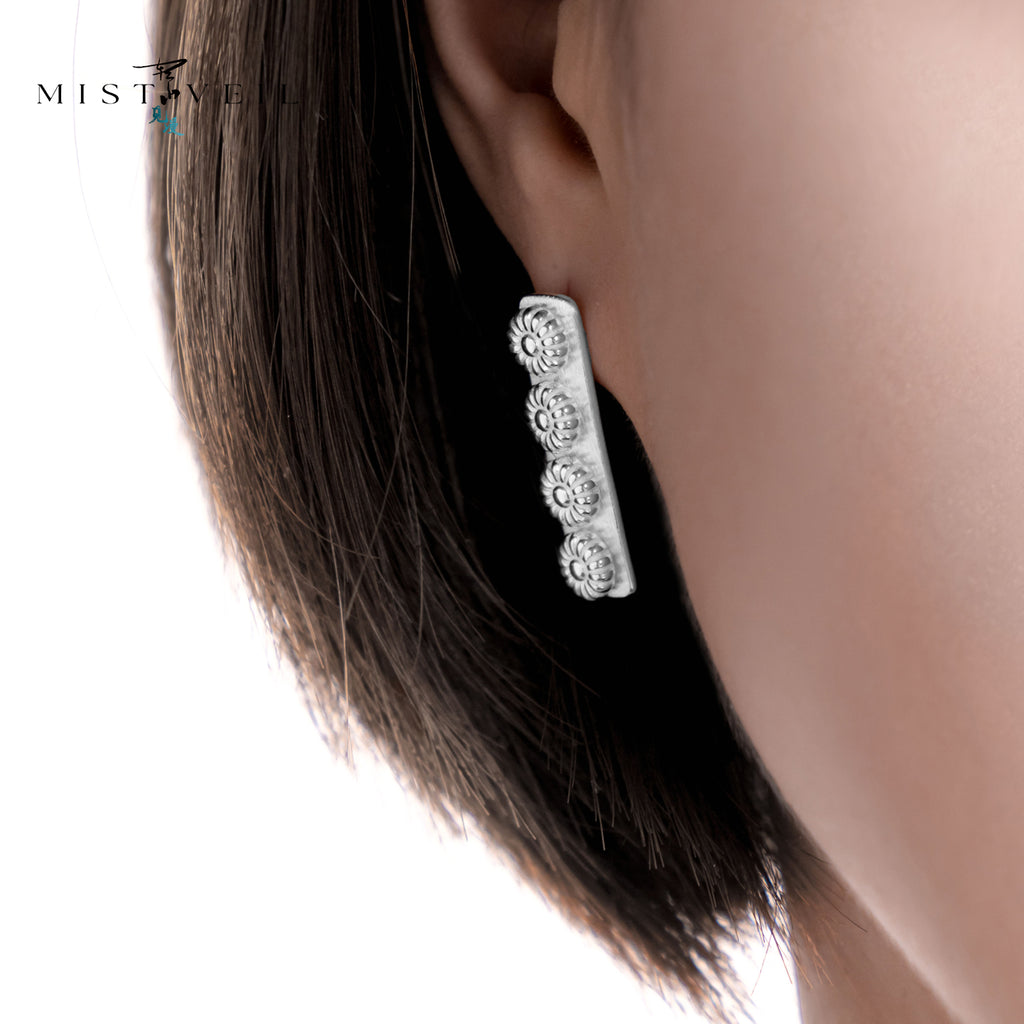 Mistveil Pine-Blossom Silver Auspicious Stud Earrings