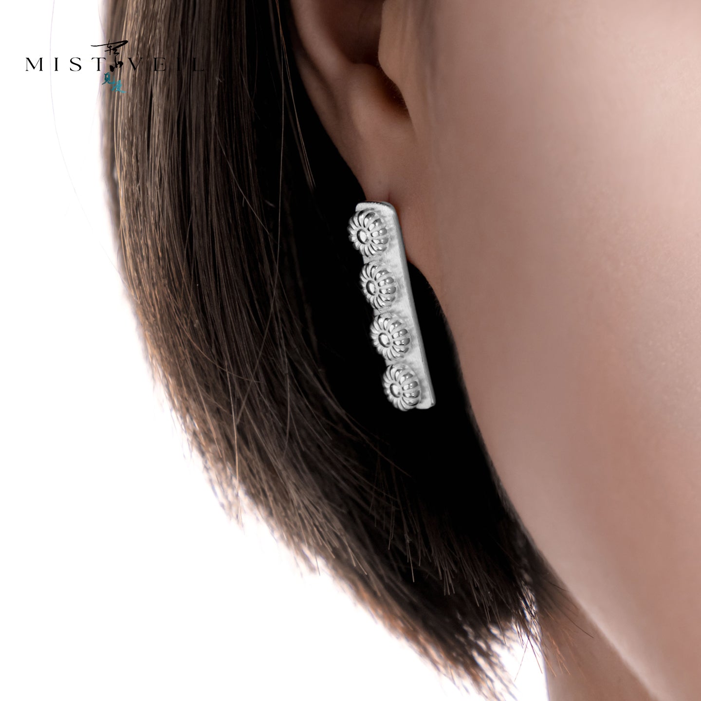 Mistveil Pine-Blossom Silver Auspicious Stud Earrings