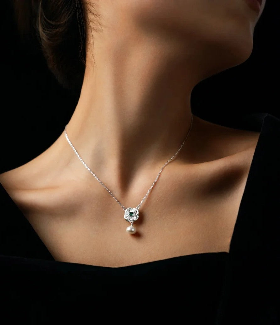 Mistveil Floral Pearl & Green Zircon Silver Elegant Pendant Necklace