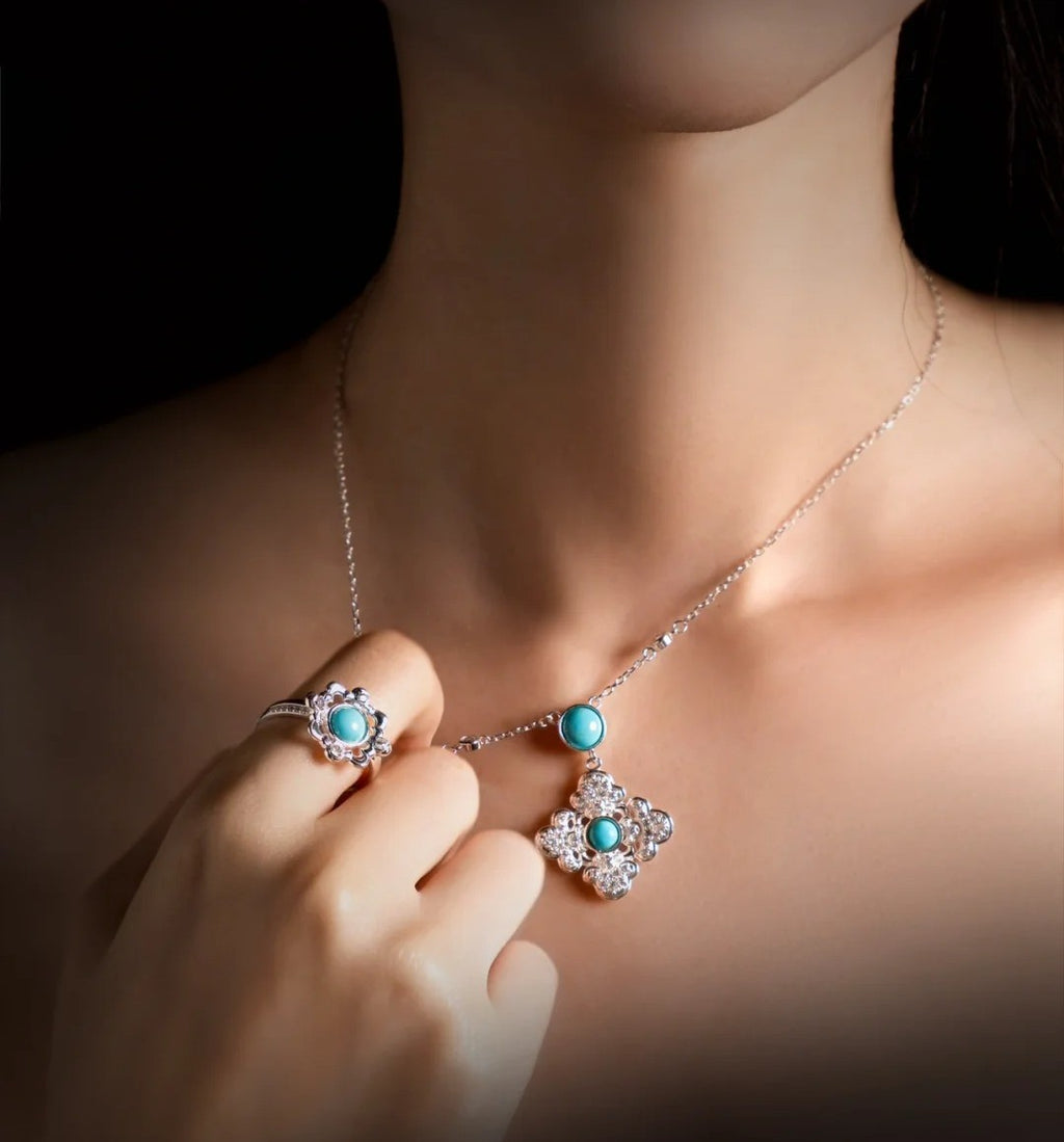 Mistveil Turquoise Floral Silver Elegant Jewelry Set