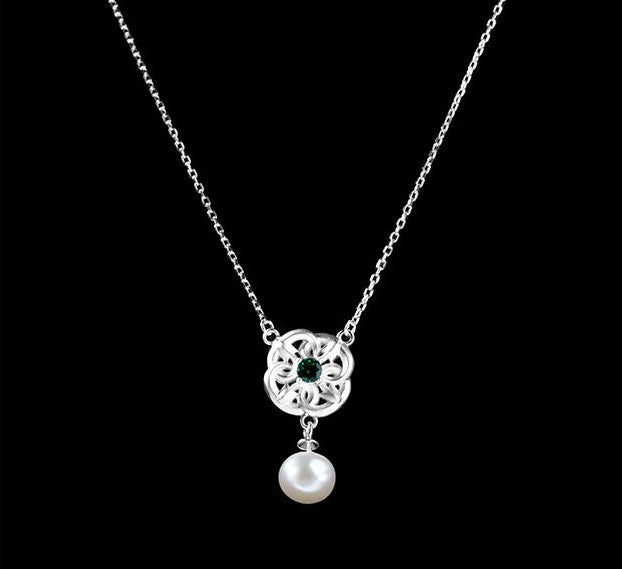 Mistveil Floral Pearl & Green Zircon Silver Elegant Pendant Necklace