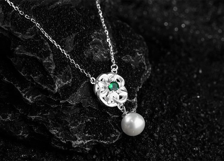 Mistveil Floral Pearl & Green Zircon Silver Elegant Pendant Necklace