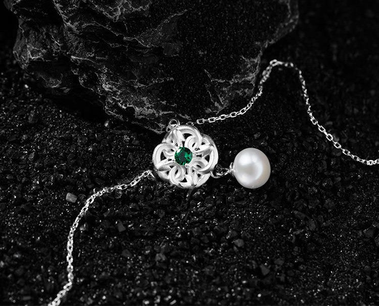 Mistveil Floral Pearl & Green Zircon Silver Elegant Pendant Necklace