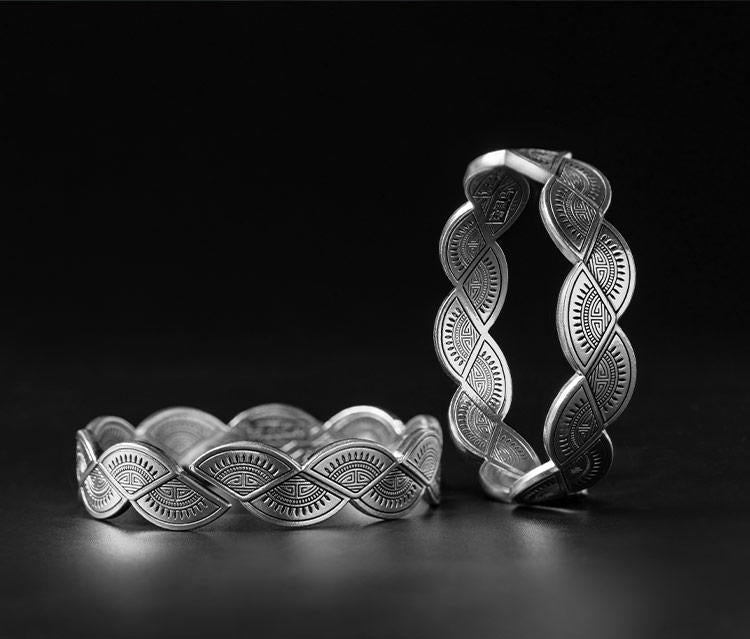Mistveil Wave-Flow Miao Pattern Silver Guardian Bangle