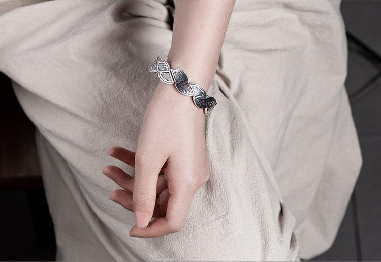 Mistveil Wave-Flow Miao Pattern Silver Guardian Bangle