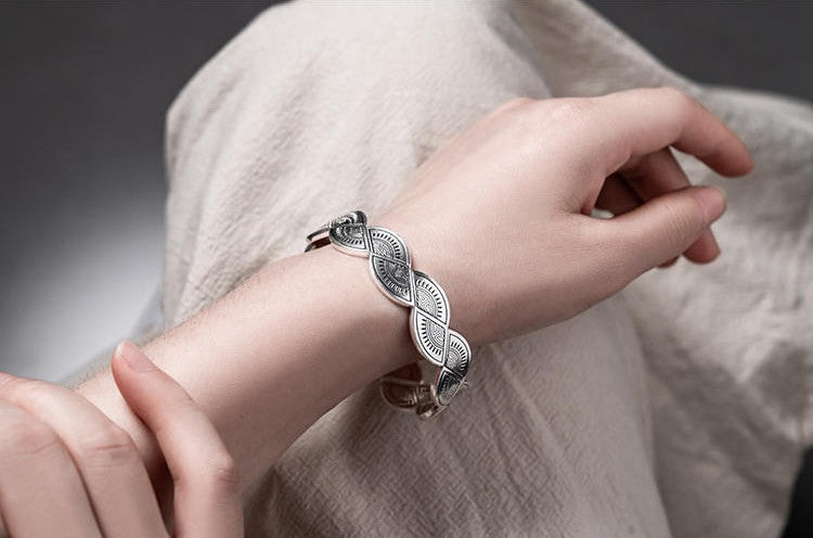 Mistveil Wave-Flow Miao Pattern Silver Guardian Bangle