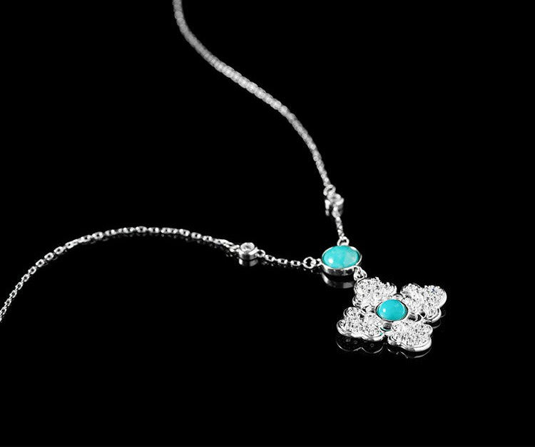 Mistveil Ruyi Lattice Turquoise Silver Elegant Necklace