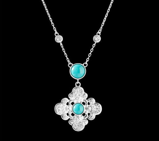 Mistveil Ruyi Lattice Turquoise Silver Elegant Necklace