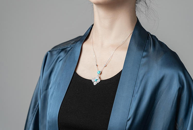 Mistveil Ruyi Lattice Turquoise Silver Elegant Necklace