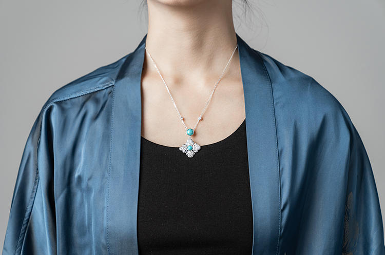 Mistveil Ruyi Lattice Turquoise Silver Elegant Necklace