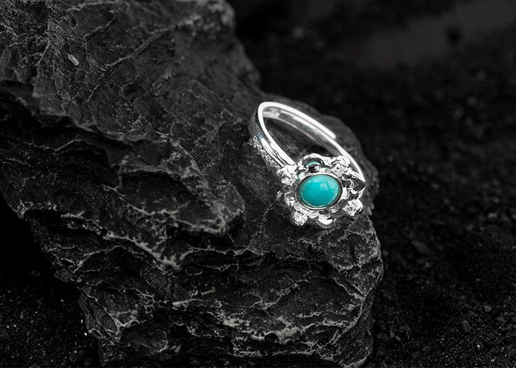 Mistveil Ruyi Lattice Turquoise Silver Elegant Ring