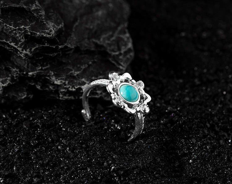 Mistveil Ruyi Lattice Turquoise Silver Elegant Ring