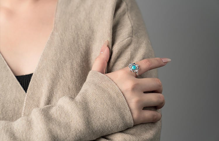 Mistveil Ruyi Lattice Turquoise Silver Elegant Ring