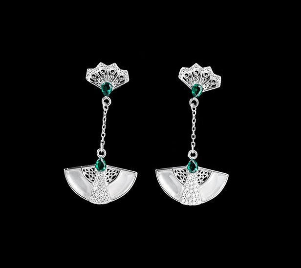 Mistveil Imperial-Fan Silver Cultural Earrings
