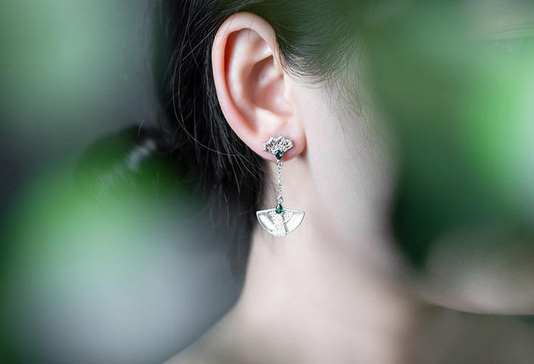 Mistveil Imperial-Fan Silver Cultural Earrings