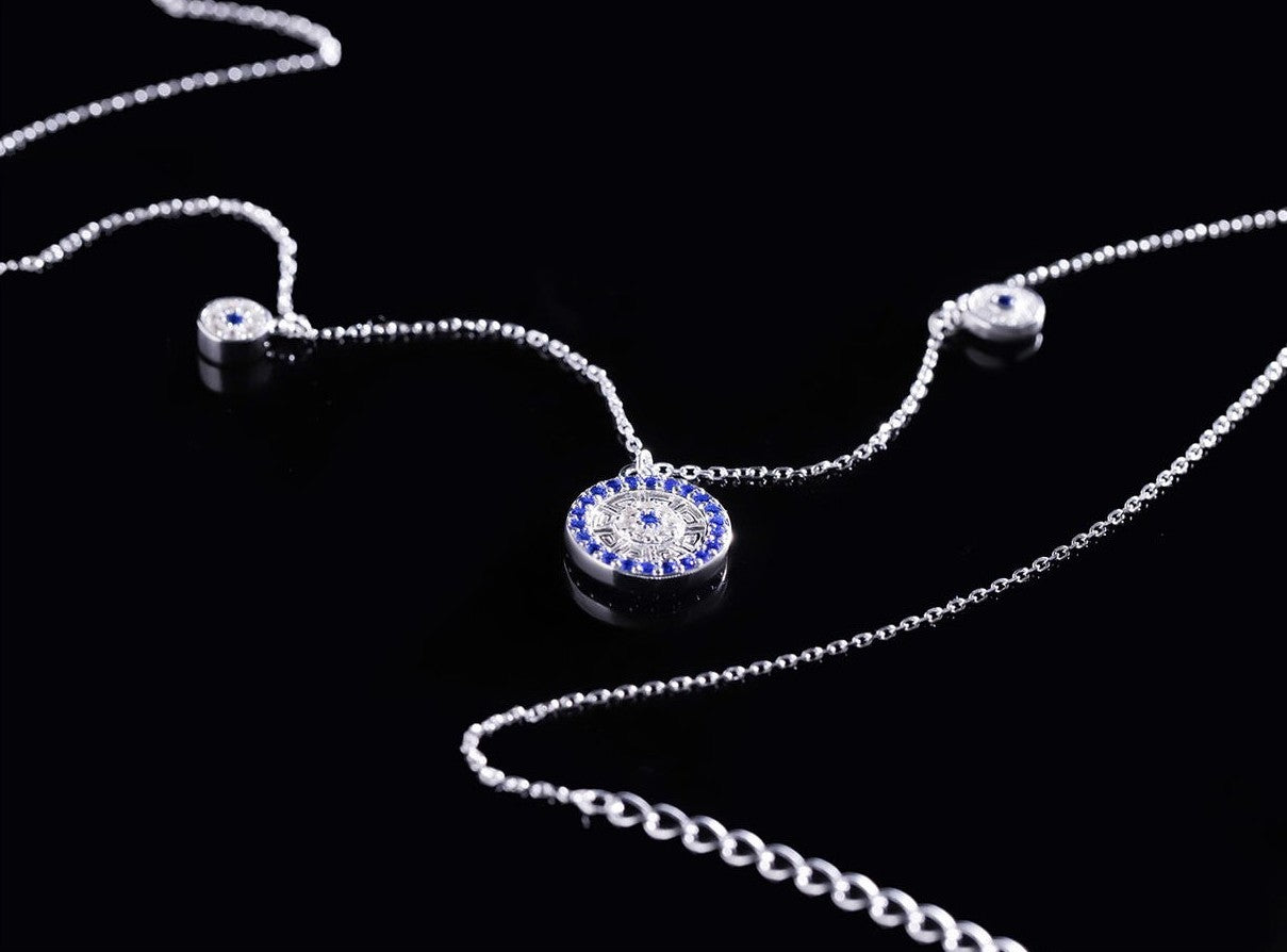 Mistveil Drum-Motif Glazed Silver Auspicious Necklace