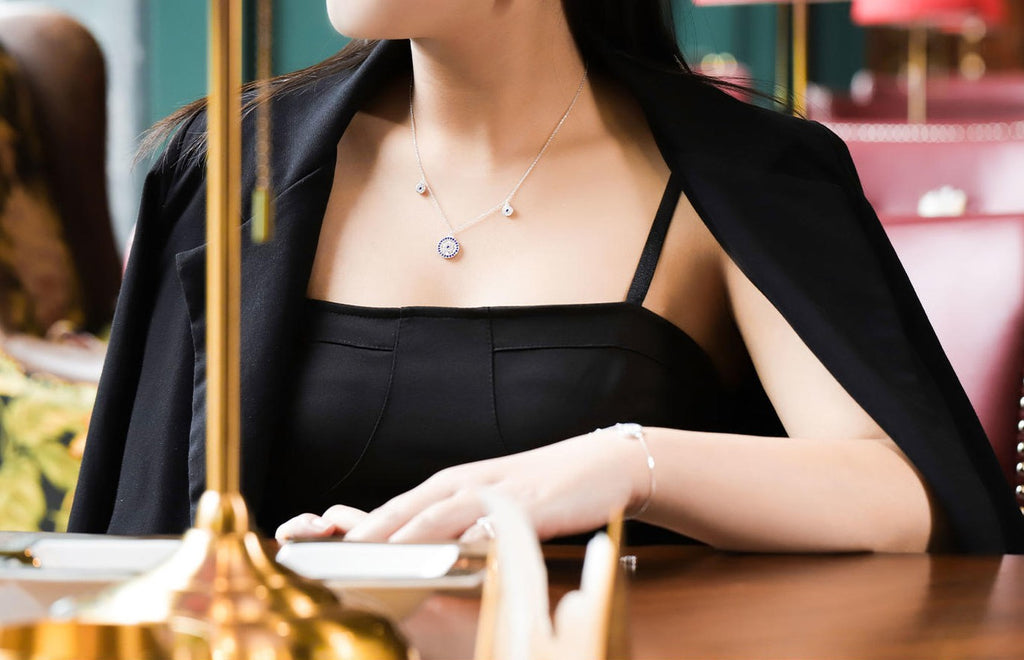 Mistveil Drum-Motif Glazed Silver Auspicious Necklace