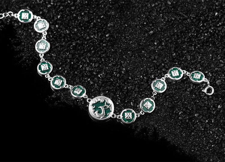Mistveil Phoenix-Inspired Malachite Silver Protective Bracelet