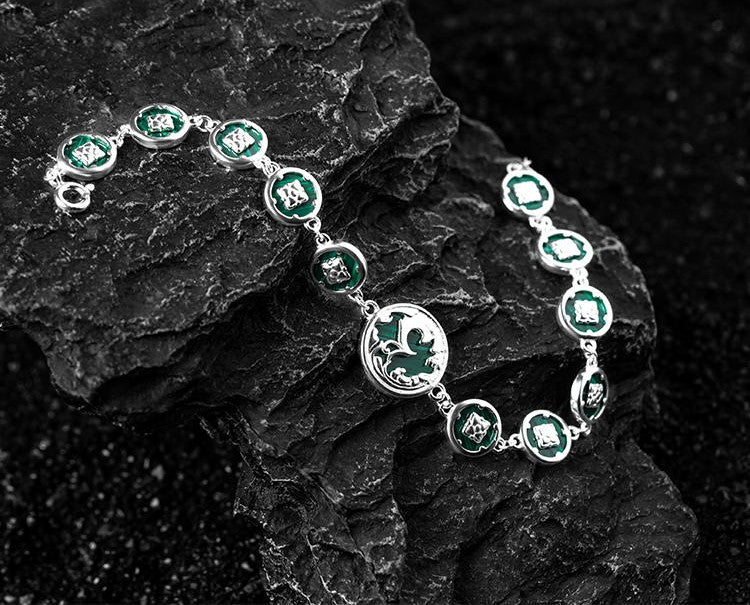 Mistveil Phoenix-Inspired Malachite Silver Protective Bracelet