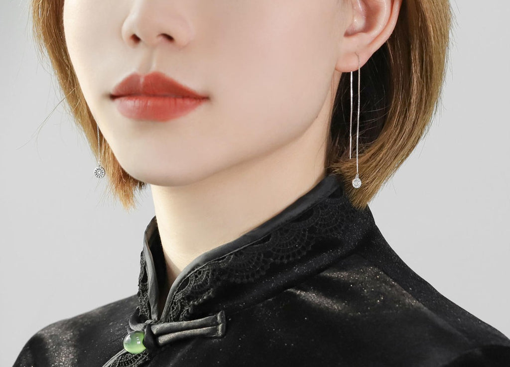 Mistveil Sun-Drum Silver Protective Threader Earrings