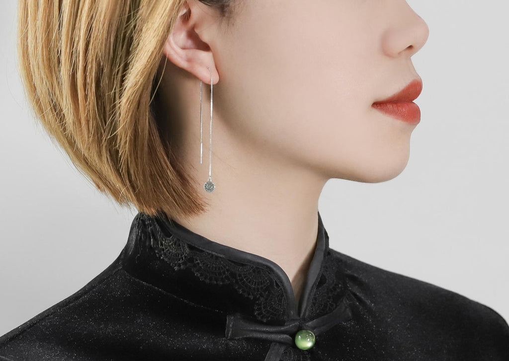 Mistveil Sun-Drum Silver Protective Threader Earrings