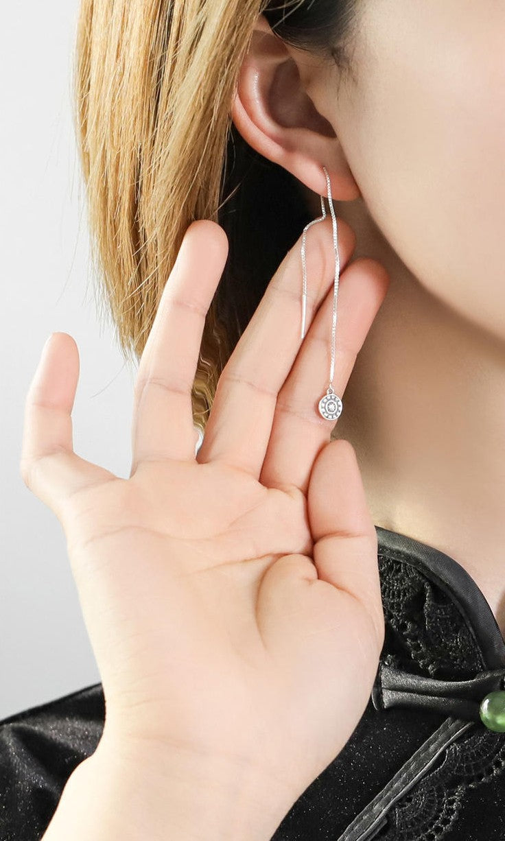 Mistveil Sun-Drum Silver Protective Threader Earrings