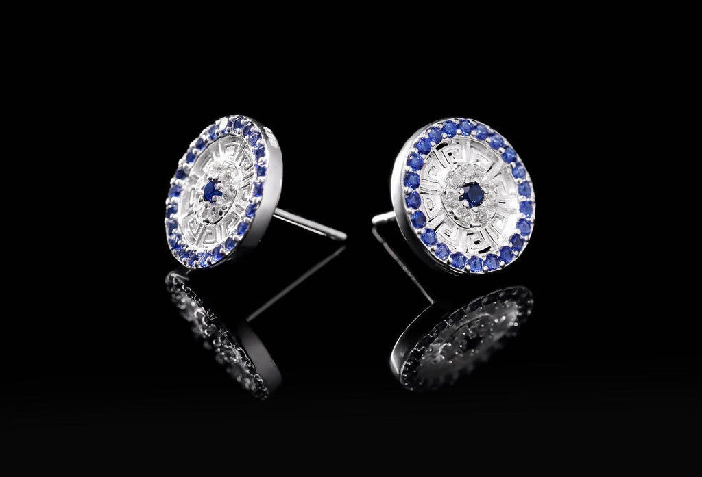 Mistveil Sun-Drum Glazed Silver Auspicious Stud Earrings