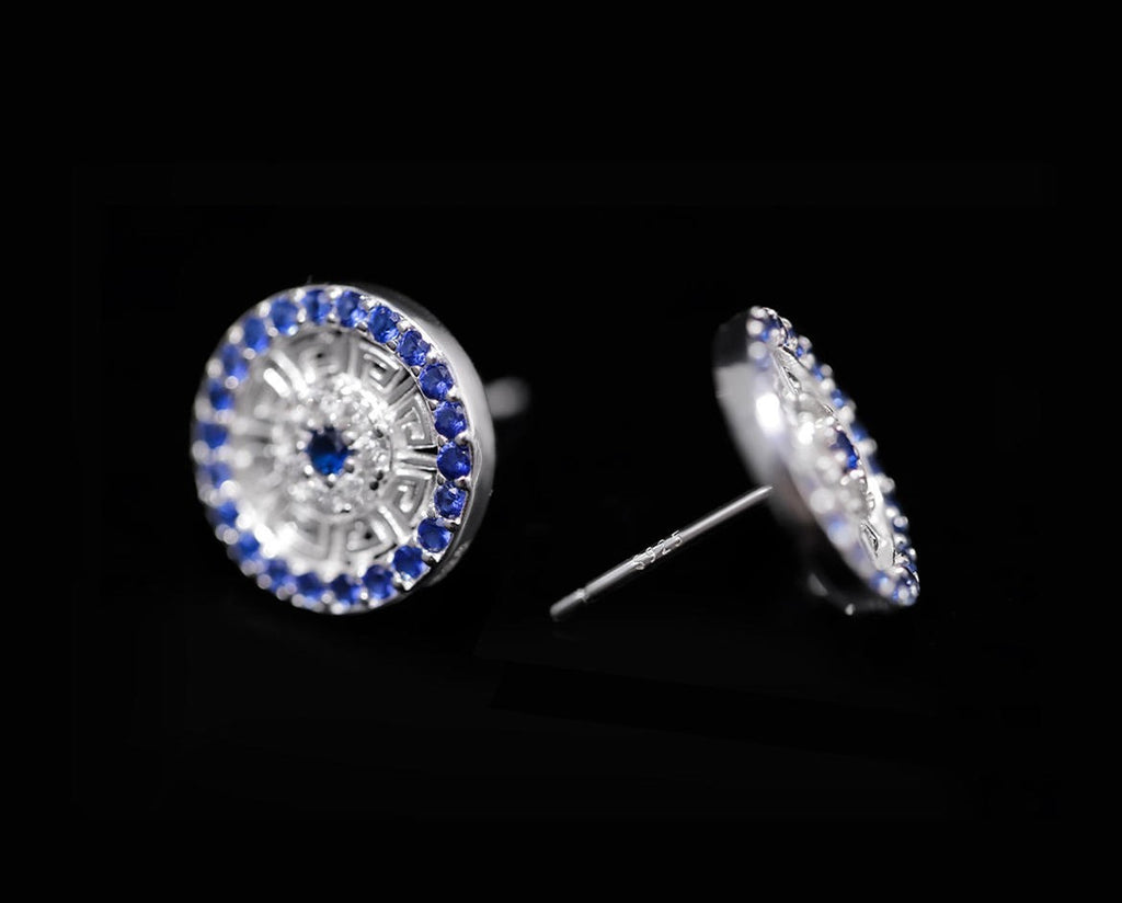 Mistveil Sun-Drum Glazed Silver Auspicious Stud Earrings