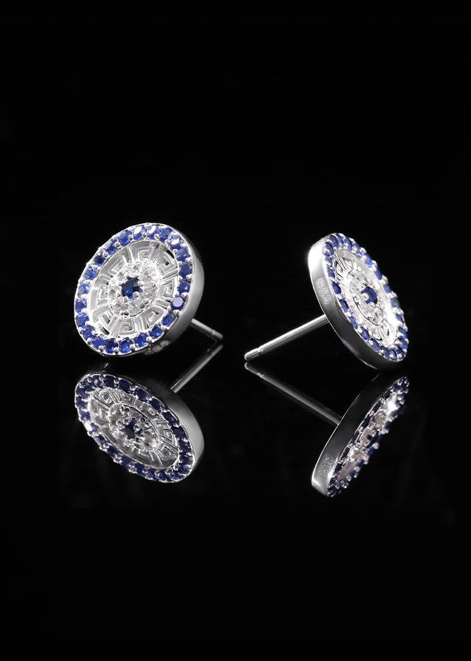 Mistveil Sun-Drum Glazed Silver Auspicious Stud Earrings