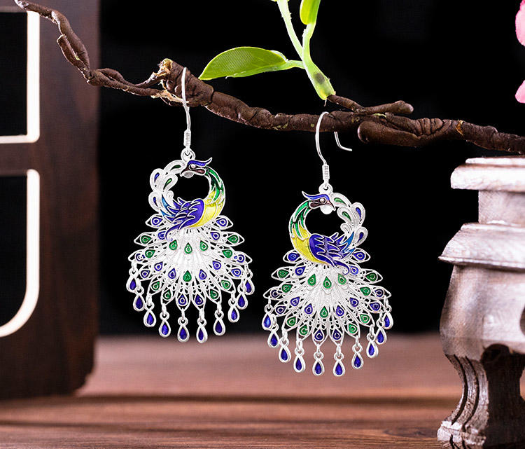 Mistveil Enameled Phoenix Silver Auspicious Earrings