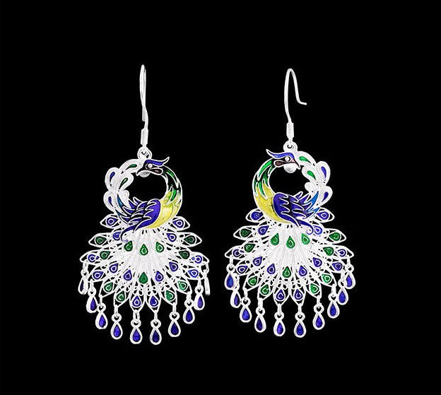 Mistveil Enameled Phoenix Silver Auspicious Earrings