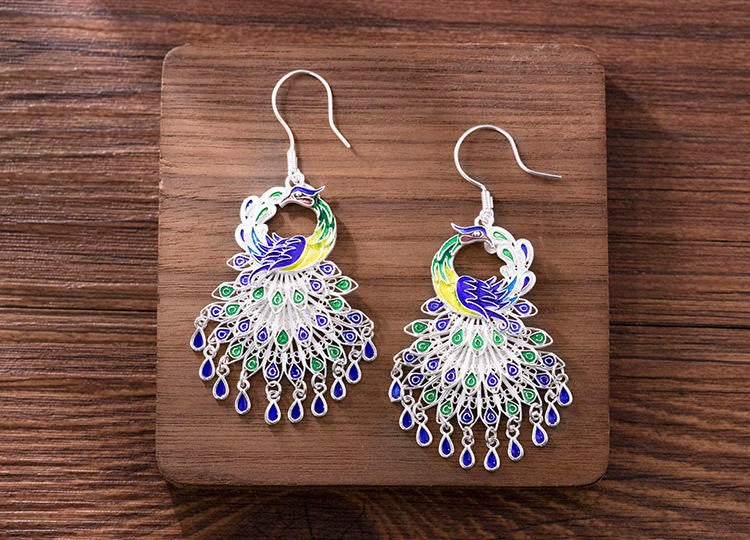 Mistveil Enameled Phoenix Silver Auspicious Earrings