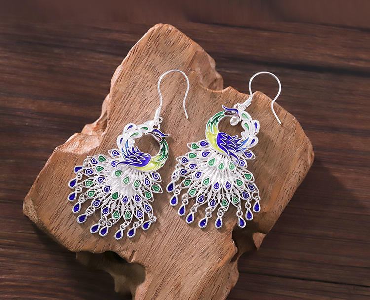 Mistveil Enameled Phoenix Silver Auspicious Earrings