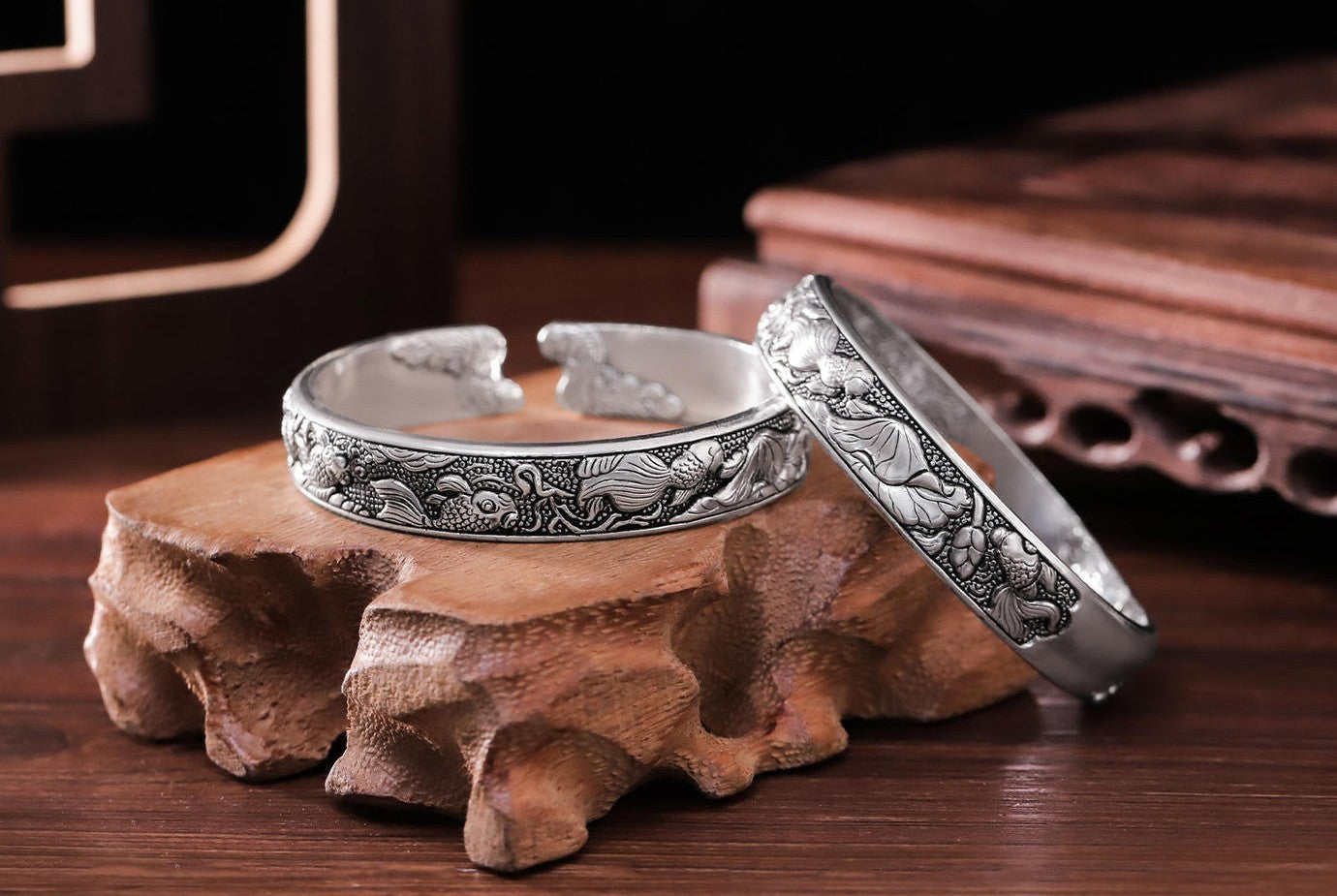 Mistveil Koi-Lotus Silver Prosperity Bangle