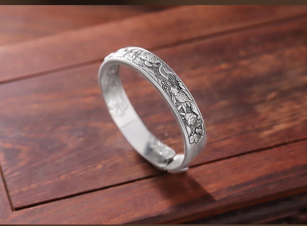 Mistveil Koi-Lotus Silver Prosperity Bangle