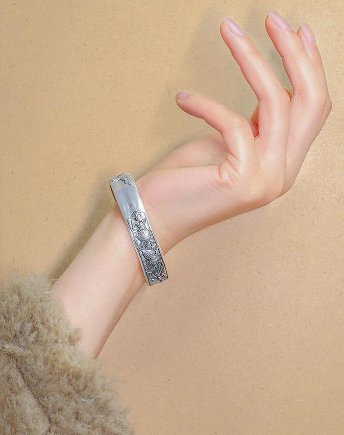 Mistveil Koi-Lotus Silver Prosperity Bangle