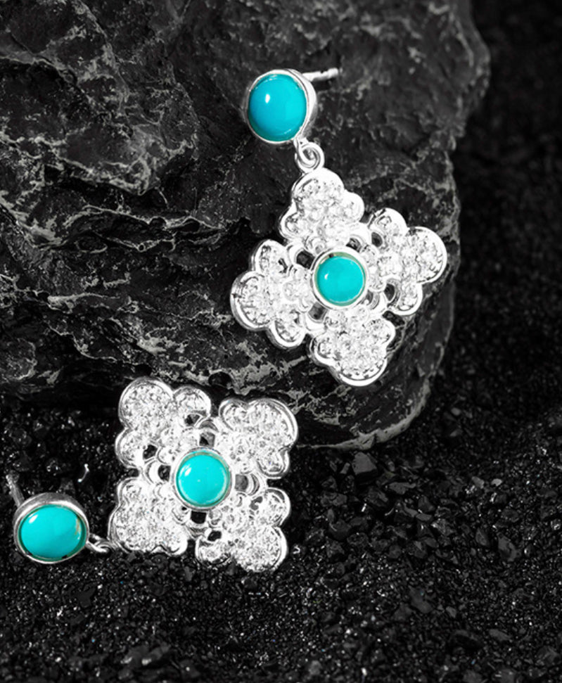 Mistveil Ruyi Lattice Turquoise Silver Elegant Earrings