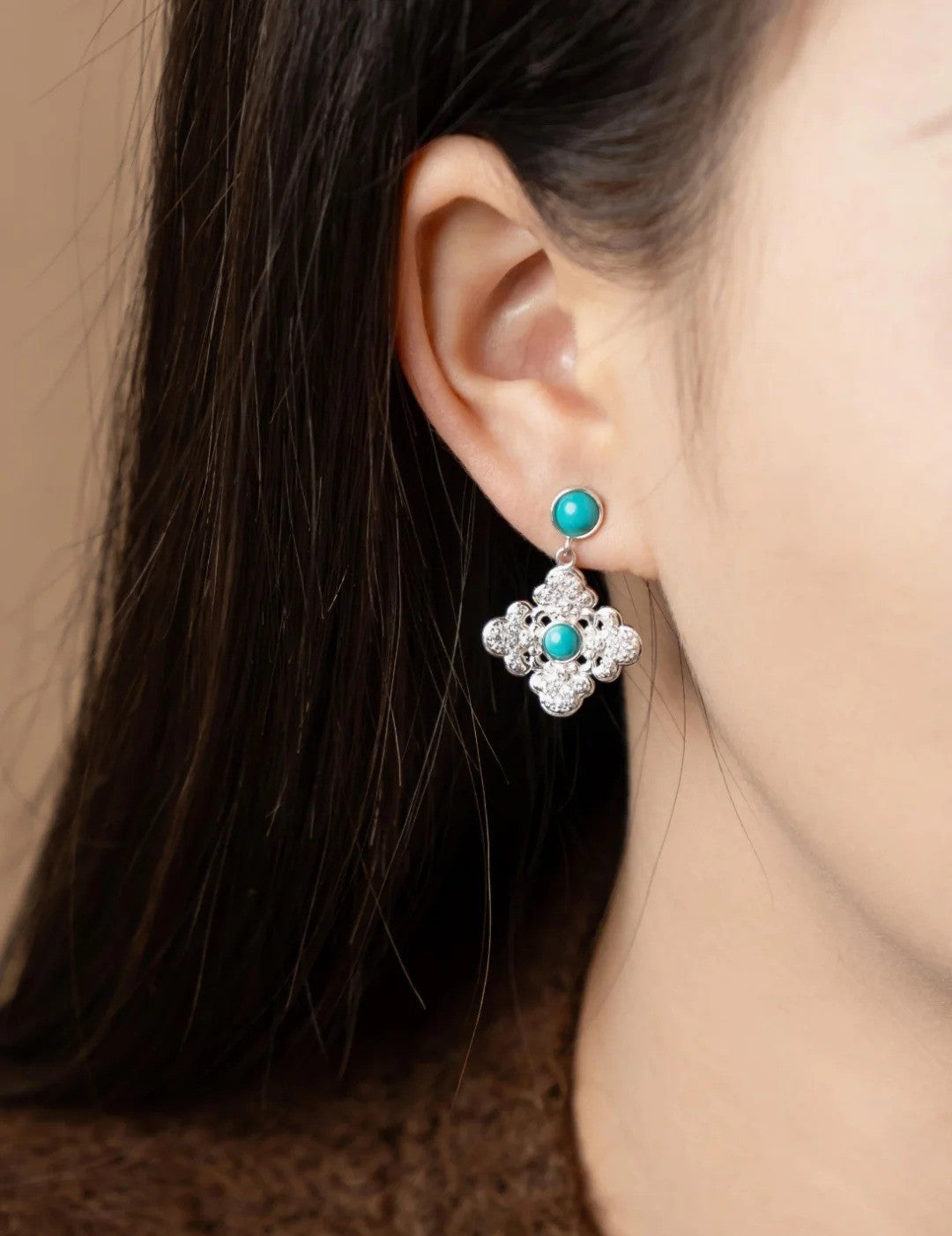 Mistveil Ruyi Lattice Turquoise Silver Elegant Earrings