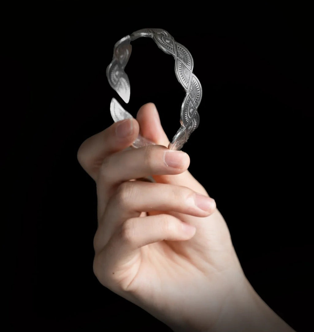 Mistveil Wave-Flow Miao Pattern Silver Guardian Bangle