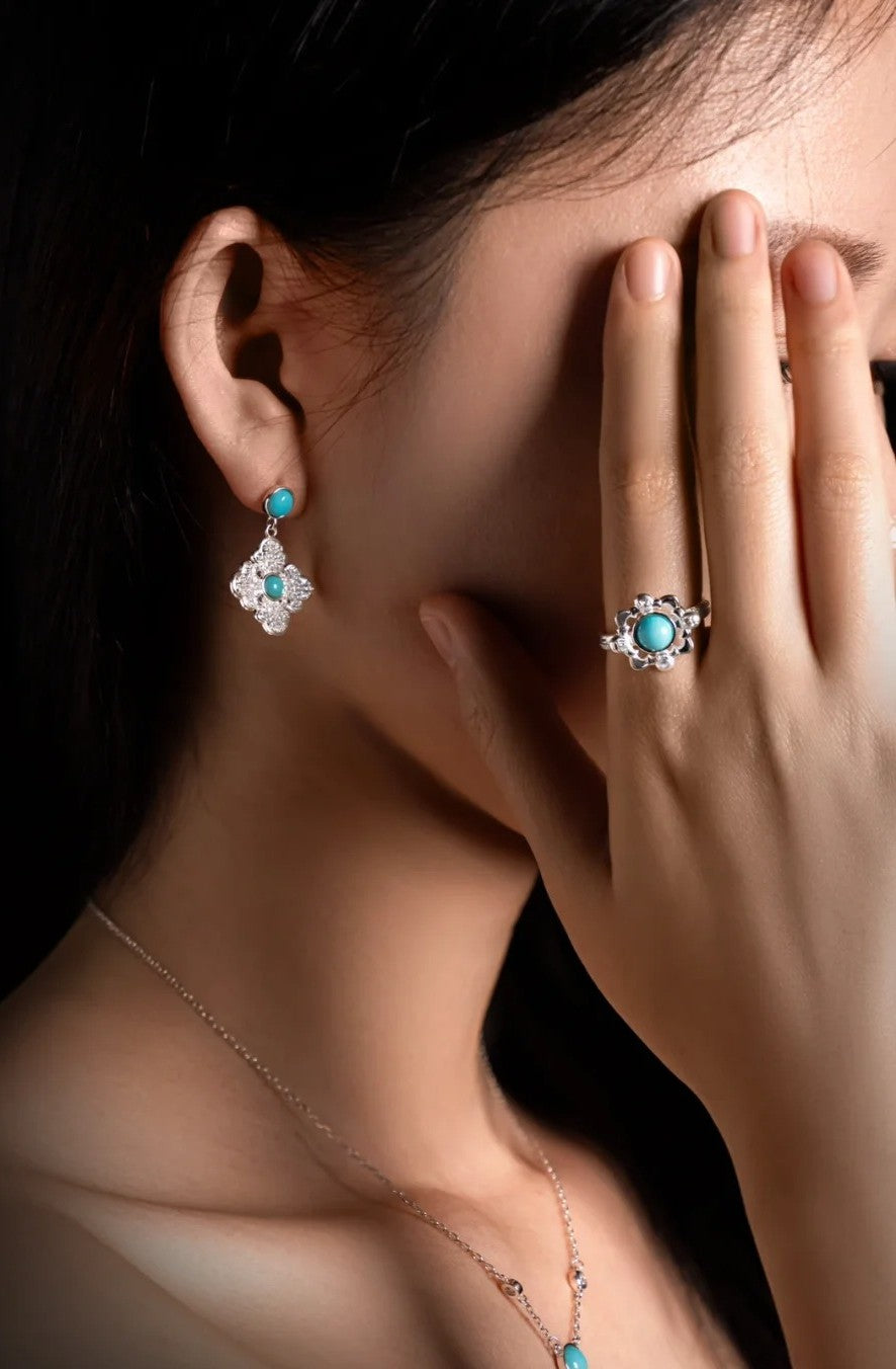 Mistveil Turquoise Floral Silver Elegant Jewelry Set