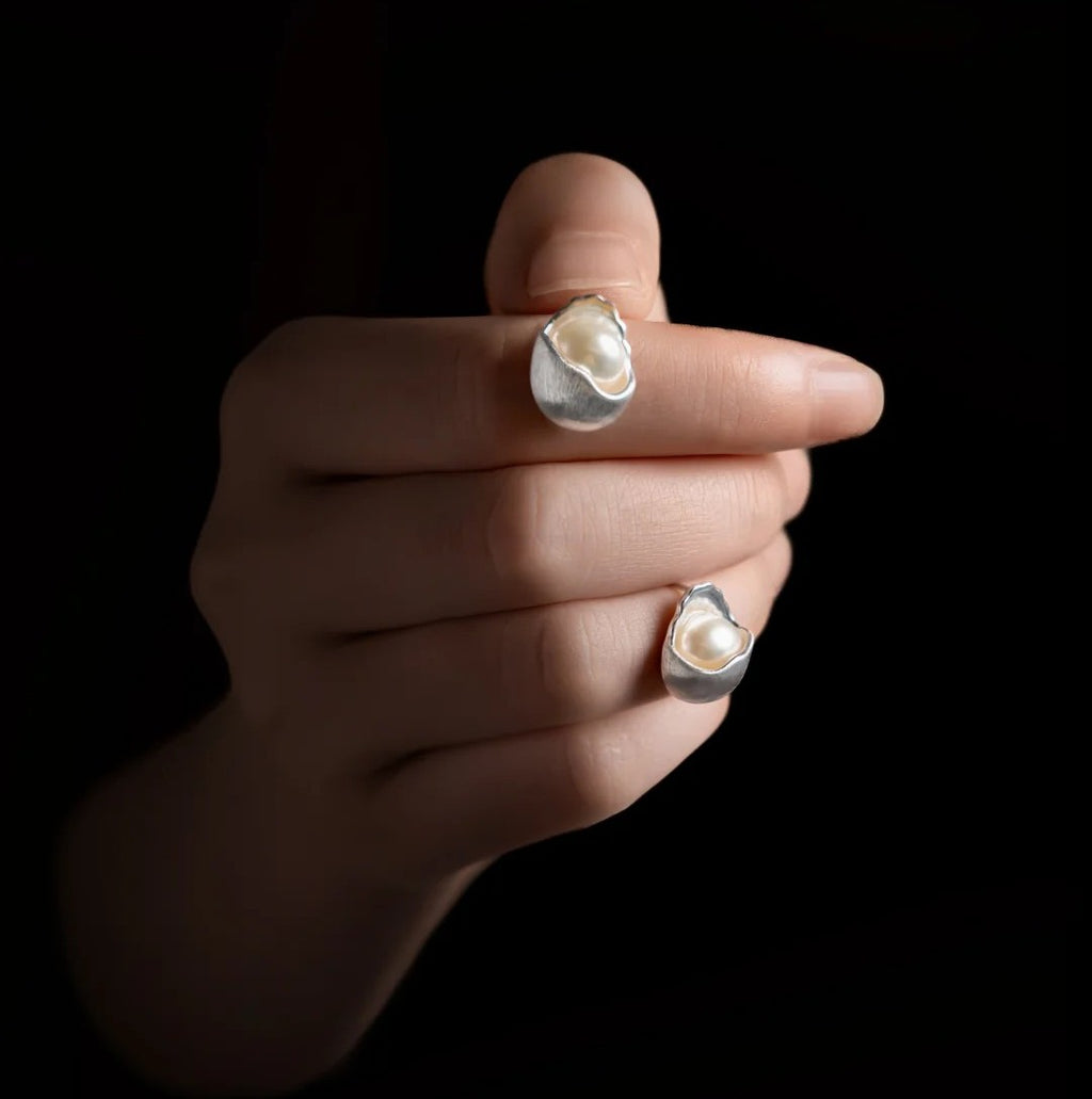 Mistveil Butterfly Pearl Heart Silver Cultural Earrings