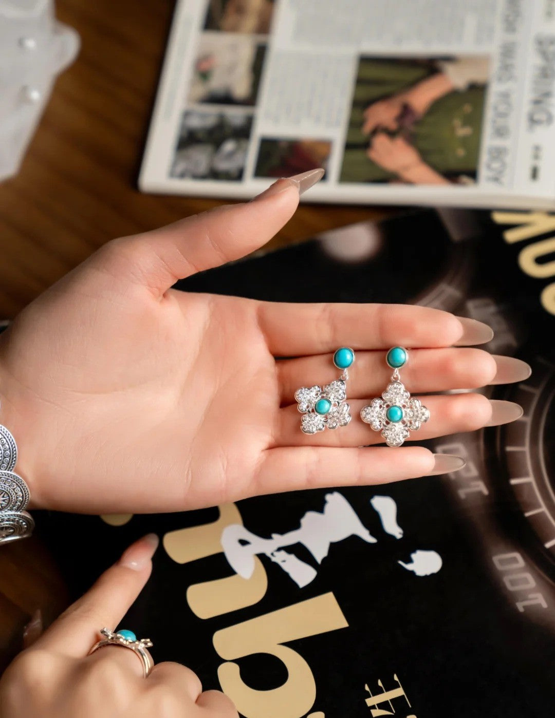 Mistveil Ruyi Lattice Turquoise Silver Elegant Earrings