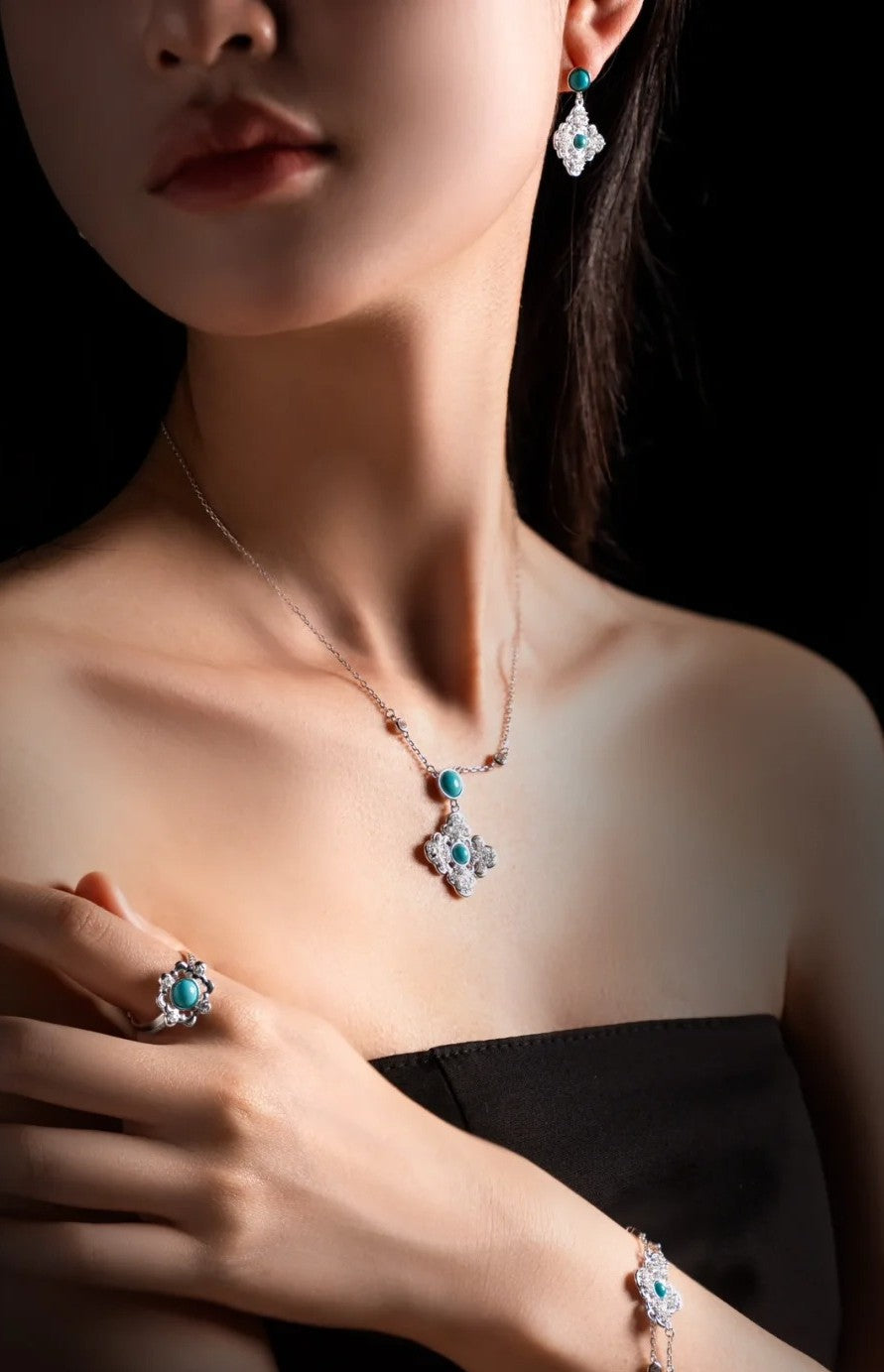 Mistveil Turquoise Floral Silver Elegant Jewelry Set