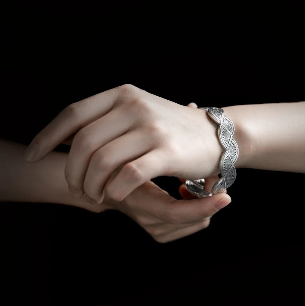 Mistveil Wave-Flow Miao Pattern Silver Guardian Bangle
