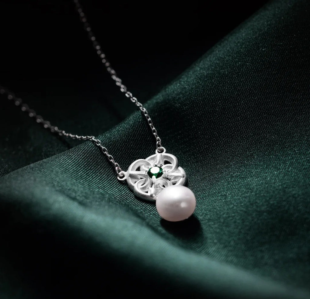 Mistveil Floral Pearl & Green Zircon Silver Elegant Pendant Necklace