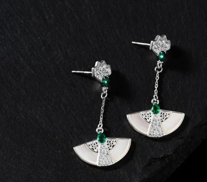 Mistveil Imperial-Fan Silver Cultural Earrings