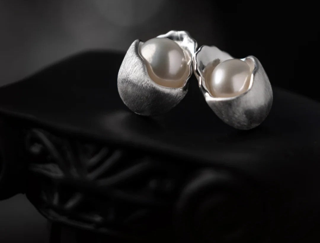 Mistveil Butterfly Pearl Heart Silver Cultural Earrings